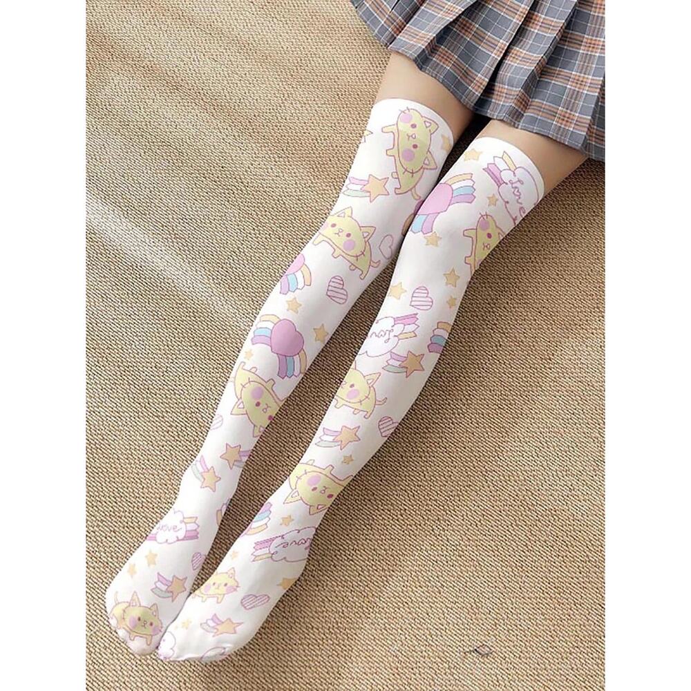 Kawaii Cute Pastel Rainbow Kitty Cat Kitten Thigh High Leggings Stockings